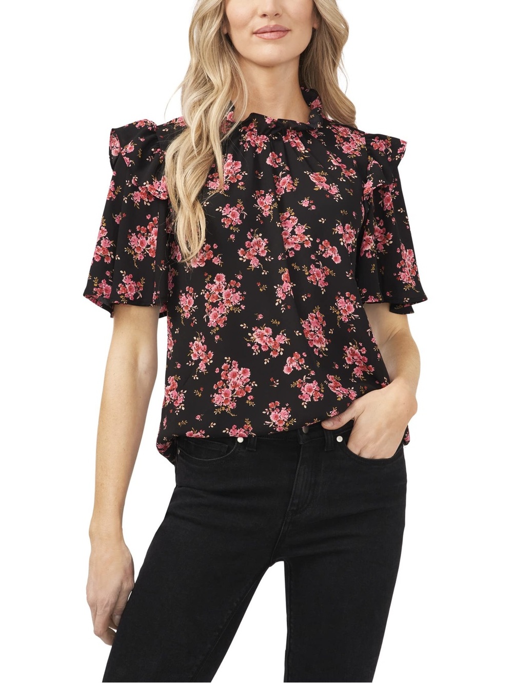 CeCe Black Floral Print Ruffle Neck Short Sleeve Romantic Blouse Size S NWT